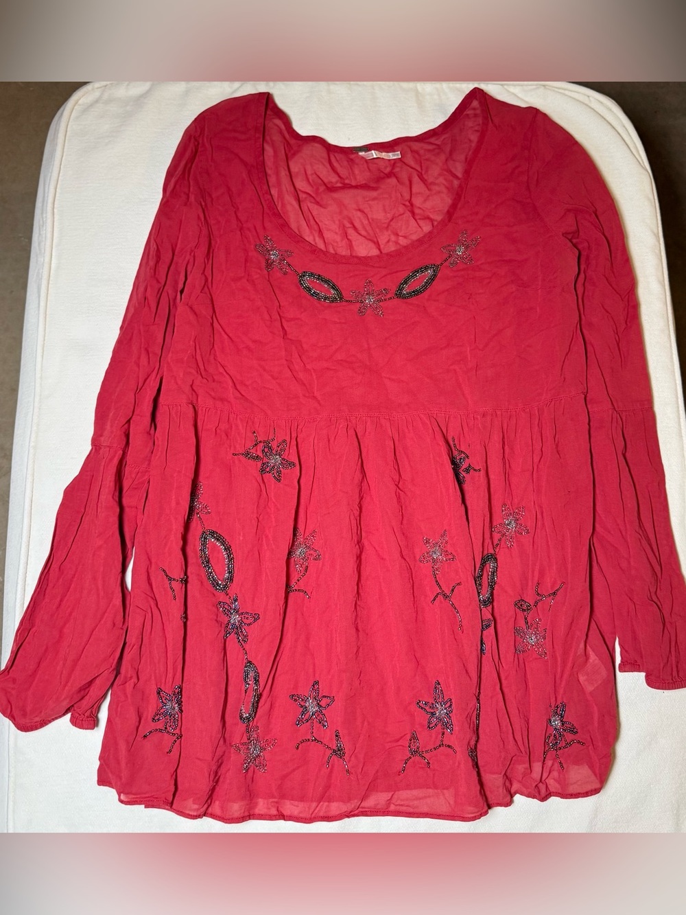 Free People Beaded Embroidered Floral Top Blouse Babydoll Boho